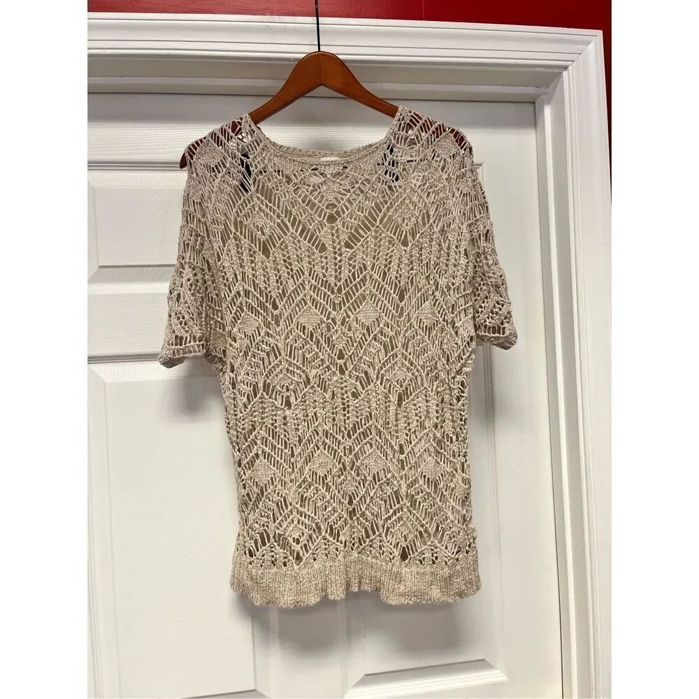 Chico’s Beige Tan Crochet Front Lace Back Batwing Short Sleeve Sweater sz 3 or X